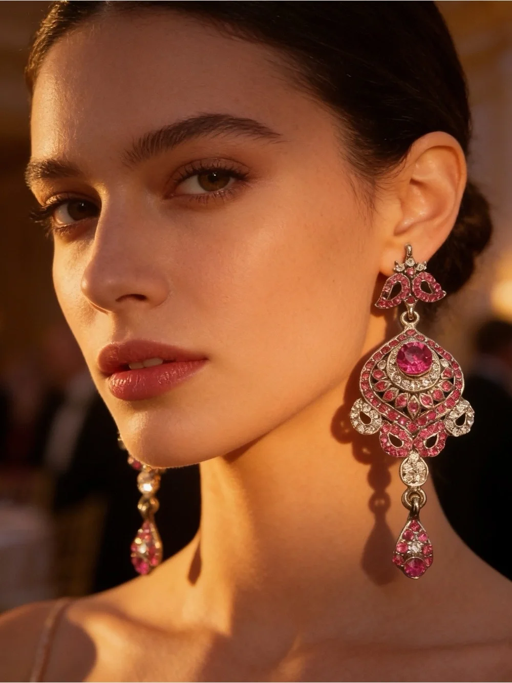 Victorian Fuchsia Crystal Diamond Gothic Chandelier Dangle Earrings